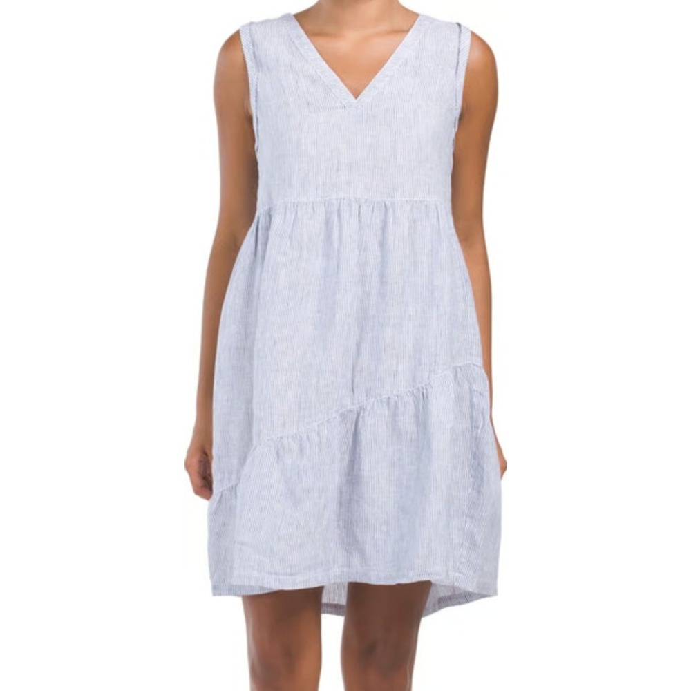 Lucky Brand Striped Tiered Mini Dress Blue Linen V-Neck Coastal Summer Medium